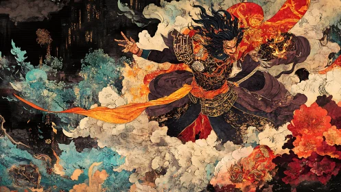 Fiery armored warrior surrounded by swirling clouds and dragons.