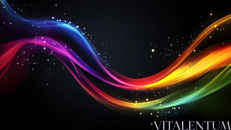 Vibrant rainbow light waves on dark abstract background.
