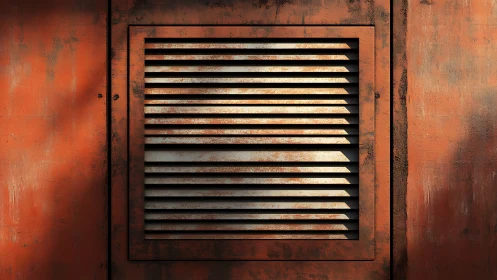 Corroded steel ventilation grille in raking industrial sunlight.