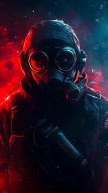 Lone wanderer in neon smoke, caught between red and blue.