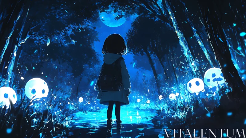 Girl observing glowing spirits in a blue moonlit forest.