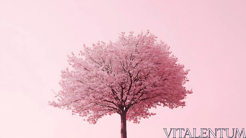 Pink cherry blossom tree against pastel minimal sky.