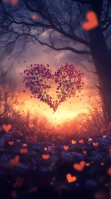 Heart-Form Tree Silhouette with Bokeh Particles Against Golden Sunset Gradient