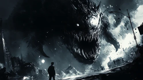 Lone survivor confronts colossal void-eyed monster in ruins