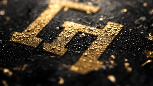 Golden textured logo letters gleam on wet black surface.