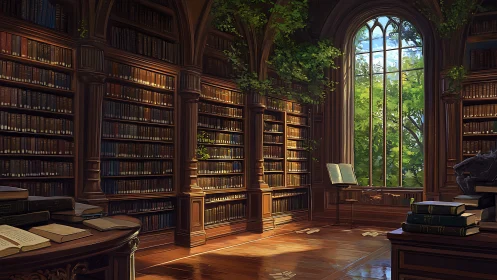 Sunlit arched library interior integrates verdant foliage and books
