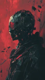 Cybernetic warrior profile against harsh red backdrop.