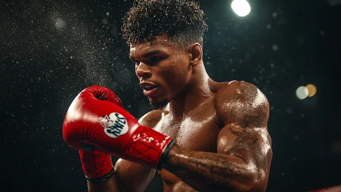 Male boxer in red gloves with water droplets, night setting.