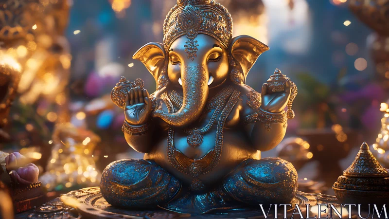 Gentle golden Ganesha statue glowing in soft festival light.