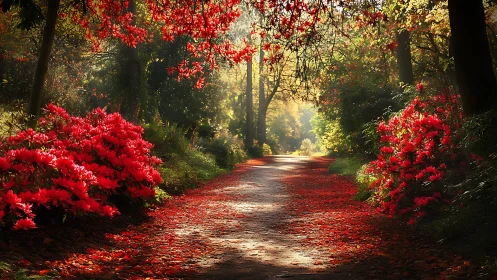 Sunlit woodland path framed by dense red azalea borders