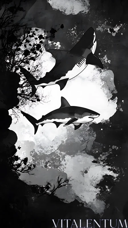 Monochrome shark duo within abstract ink ocean storm.