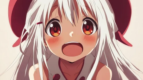 Close-up of white-haired anime girl with open mouth expression.