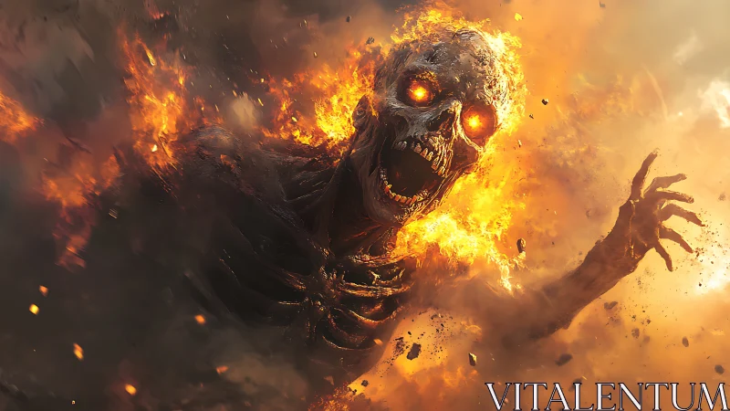 Flaming skeletal titan rises roaring from swirling inferno