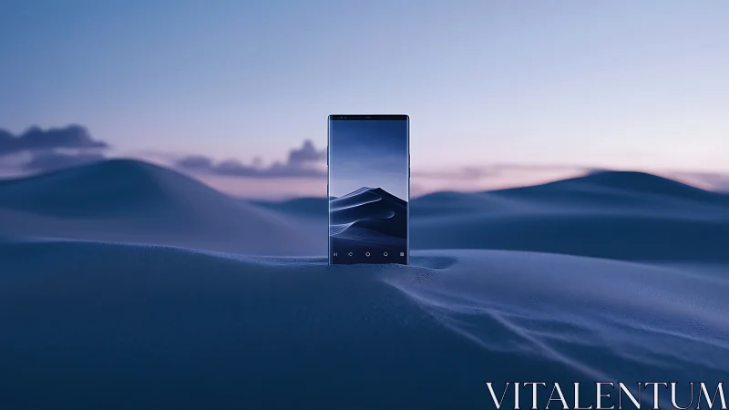 Smartphone stands upright in blue desert dunes at dusk