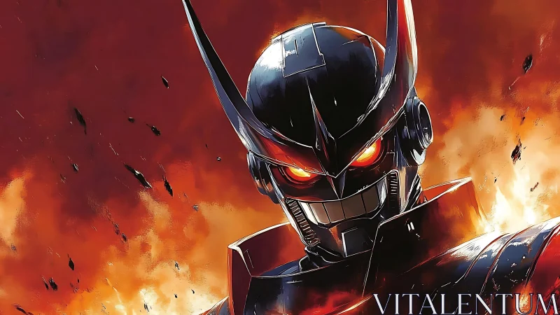 Armored mecha portrait dominates a kinetic inferno backdrop