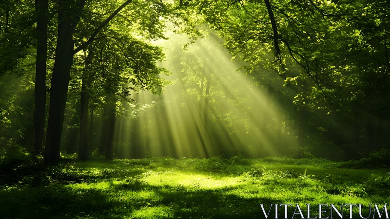 Sunbeams Streaming Through Lush Green Forest in Morning Light.