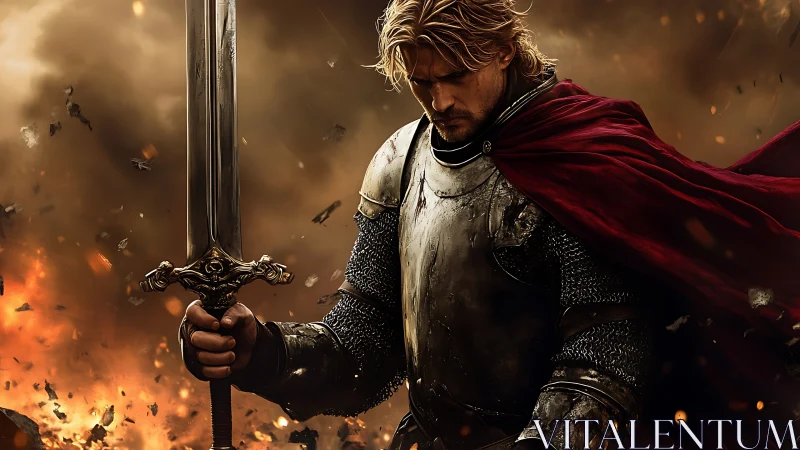 Armored warrior with greatsword stands amid fiery battlefield