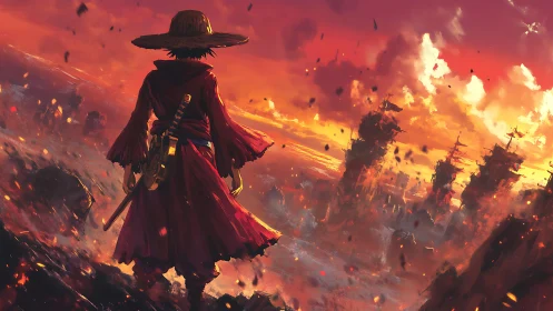 Solitary swordsman observing burning seascape at sunset.