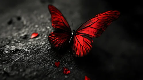 Photorealistic red butterfly on dark textured ground surface.