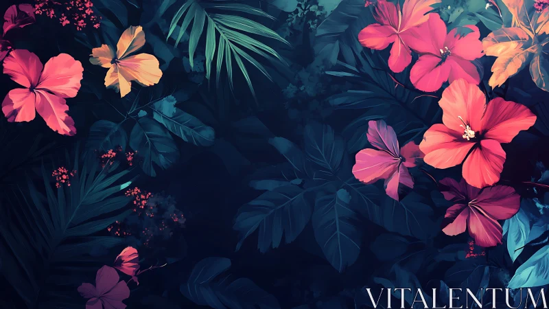 Neon Blooms Cascade Through Midnight Garden. Radiant floral symphony emerges from darkness, luminous