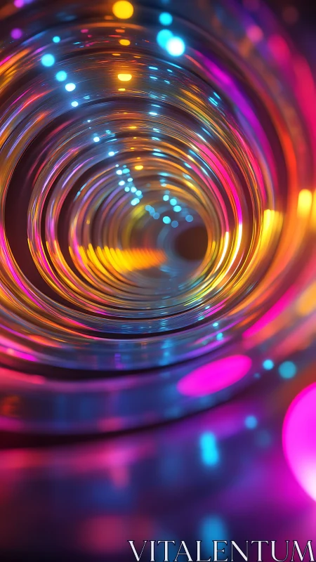 Neon light tunnel curves with vivid circular reflections