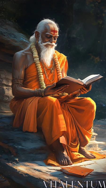 Elderly sage studies sacred texts in warm forest light
