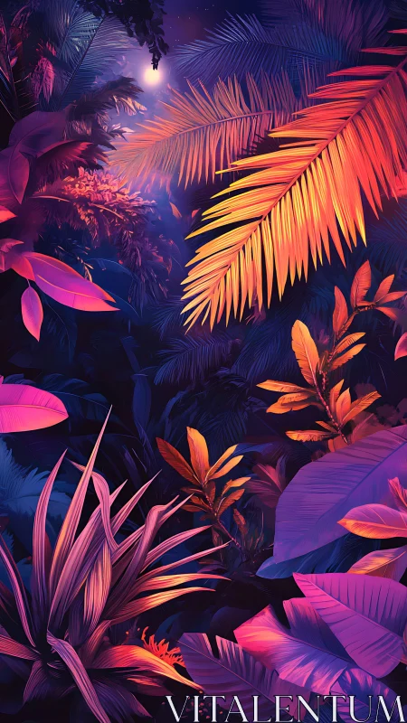 Neon lit tropical foliage forms high contrast nocturnal canopy