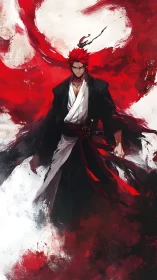 Crimson-bladed warrior amid swirling red tempest clouds.