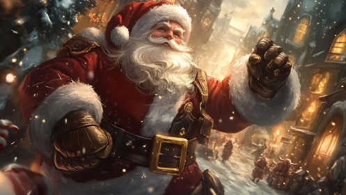 Dynamic Santa portrait in cinematic festive digital painting.