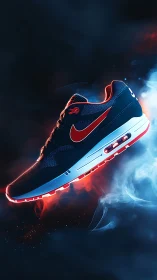 High-contrast athletic sneaker with glowing Air sole in smoke