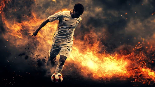 Fire-forged football striker racing through blazing smoke.