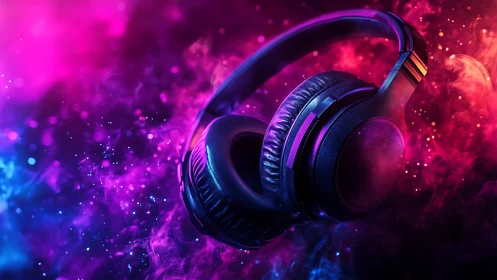 Closed-back headphones in neon magenta and cyan vapor ambiance