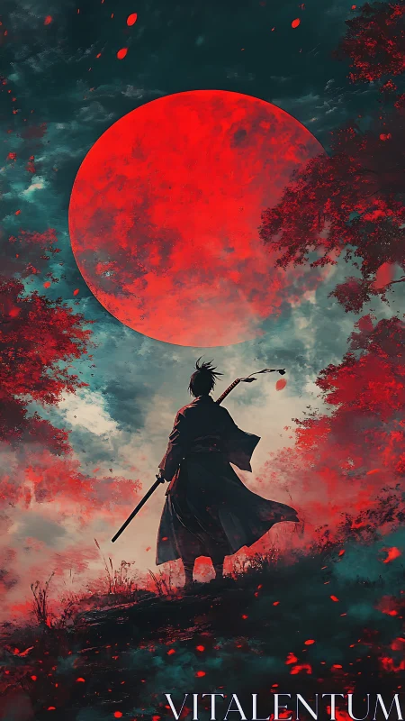 Crimson moon crowns a lone samurai in storm-streaked twilight