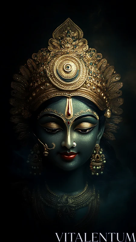 Serene divine goddess portrait in glowing golden adornment.