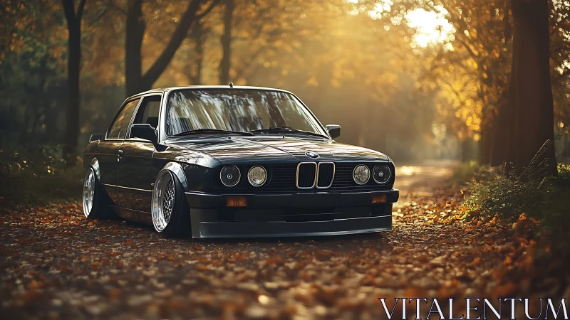 Classic BMW sedan slammed on forest road at golden hour.