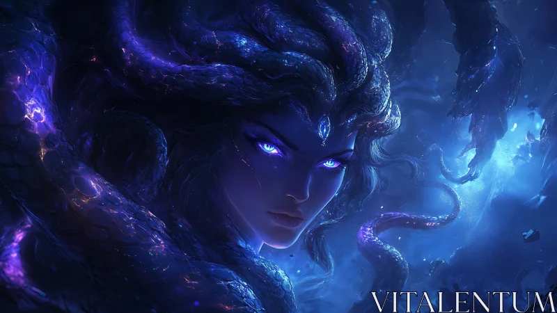 Serpent crowned female figure in blue bioluminescent void.
