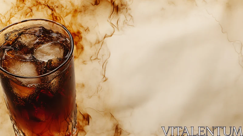 Cola drink with ice cubes in glass on marble surface