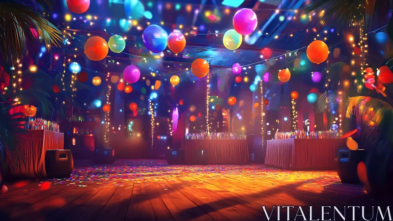 Vibrant tropical party hall glows under suspended neon balloons