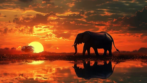 Elephant silhouette walks by reflective water at sunset.