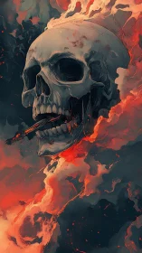 Burning skull suspends smoking cigar amid swirling fire