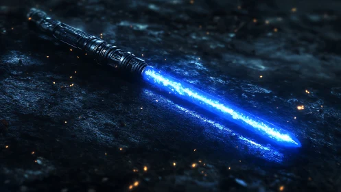 Starforged plasma blade resting on ember-dusted stone.