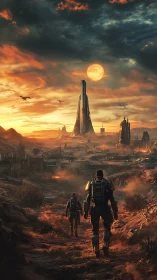 Explorers cross a burned alien wasteland toward a lone tower