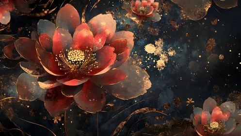 Luminous red lotus blossoms over deep cosmic night field.