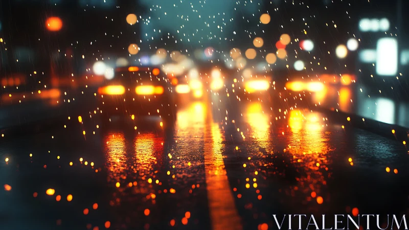Rain-soaked urban roadway captures defocused nocturnal traffic glow