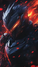Infernal cybernetic knight in burning ember storm portrait.