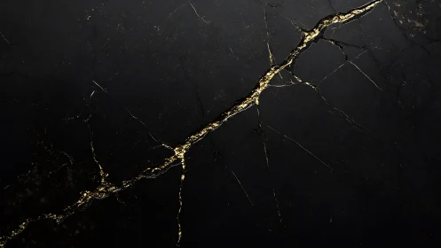Dark stone surface contains irregular gold-colored fracture line