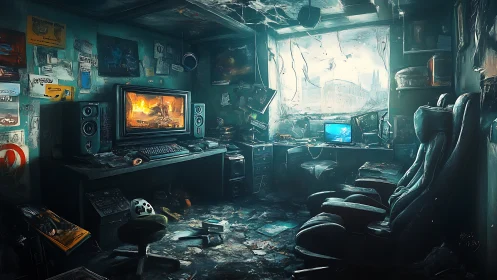 Cyberpunk dual-monitor battlestation in ruined studio chamber.