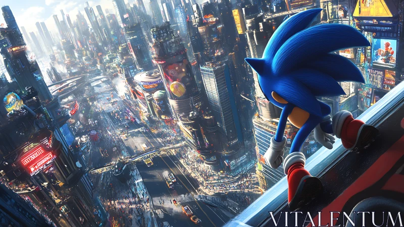 Blue speedster overlooks dense neon sci‑fi megacity skyline.