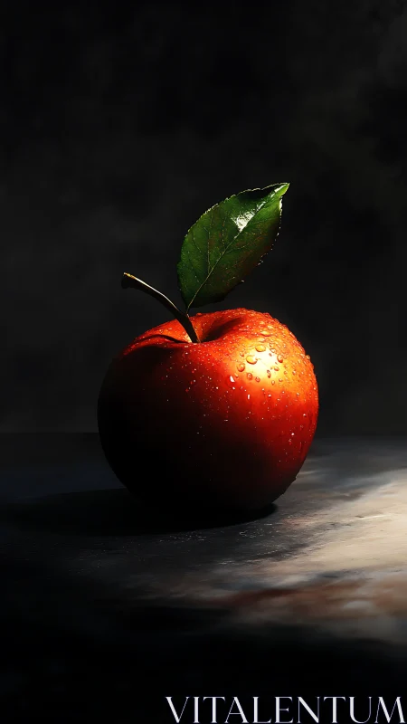 Red apple with water droplets in dramatic spotlight.