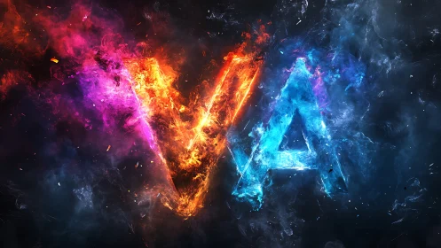 Bifurcated VA letterforms rendered in opposing fire and ice